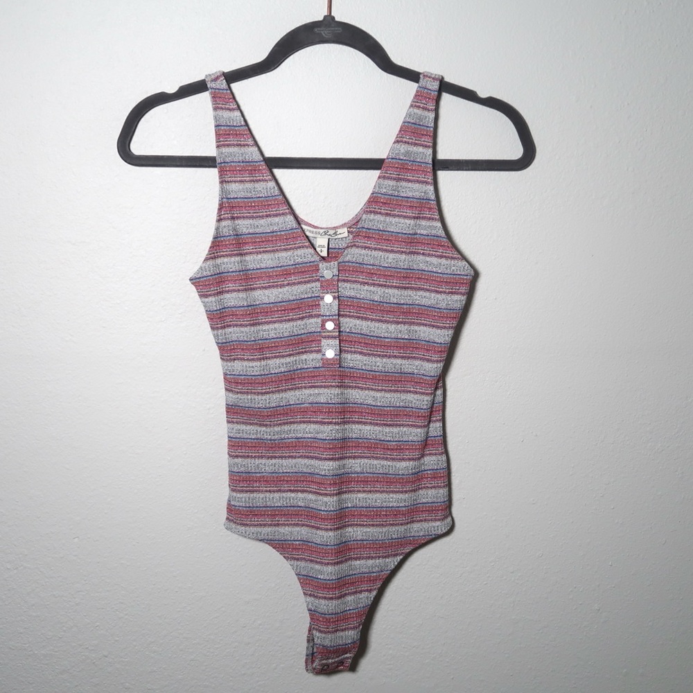 Y2K Vintage Express One Eleven Striped Ribbed Bodysuit Snap Front Tank Top